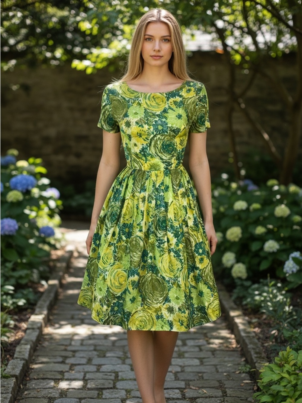 50s GREEN Garden Party Full Skirt Short Sleeve Summer Dress